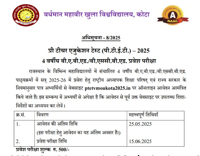 Rajasthan PTET 2025: 4 Year BA-BEd & BSc-BEd Course